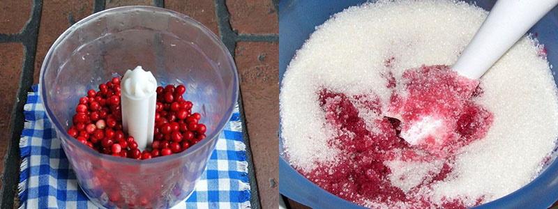 สับ lingonberries และบดกับน้ำตาล